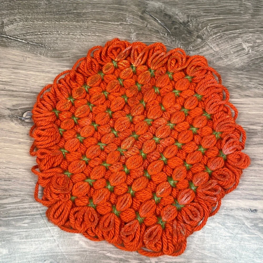 Handmade Loom Knit Yarn Trivets Set of 3 Orange Brown Retro Hot Pads 8 in